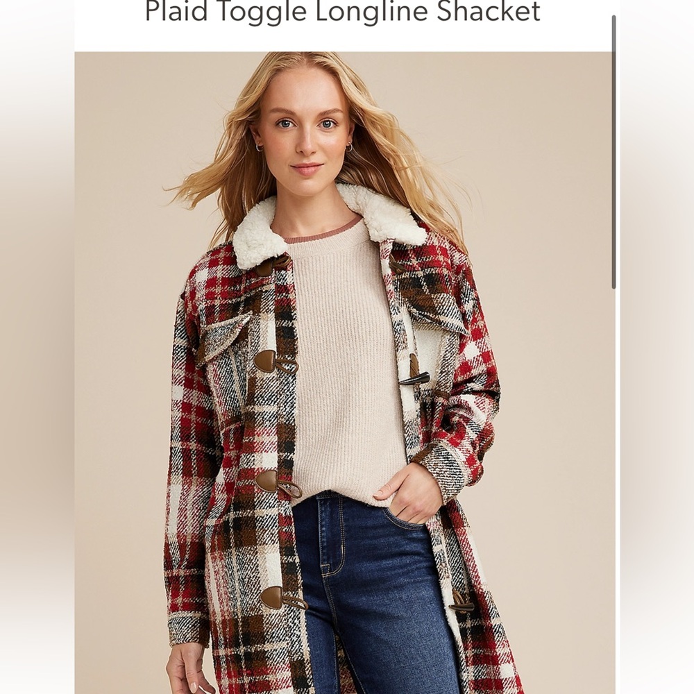 Plaid Toggle Longline Shacket- L